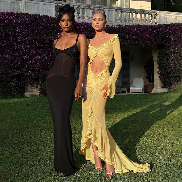 2024 Spring Solid Color Long Sleeve Mesh See Through Low Cut Sexy Floor Tassel Evening Dress - View 6 | VelvetHem