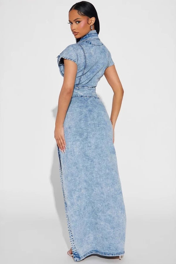 Slim Fit Split Denim Dress - View 3 | VelvetHem