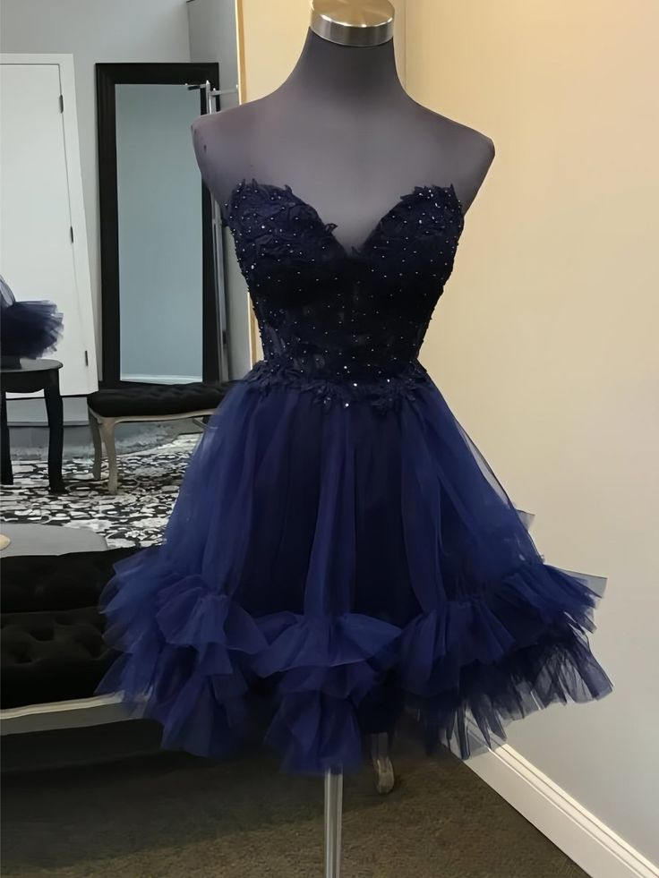 Navy Blue - A-Line Sweetheart Ruffle Tulle Homecoming Dress J7739