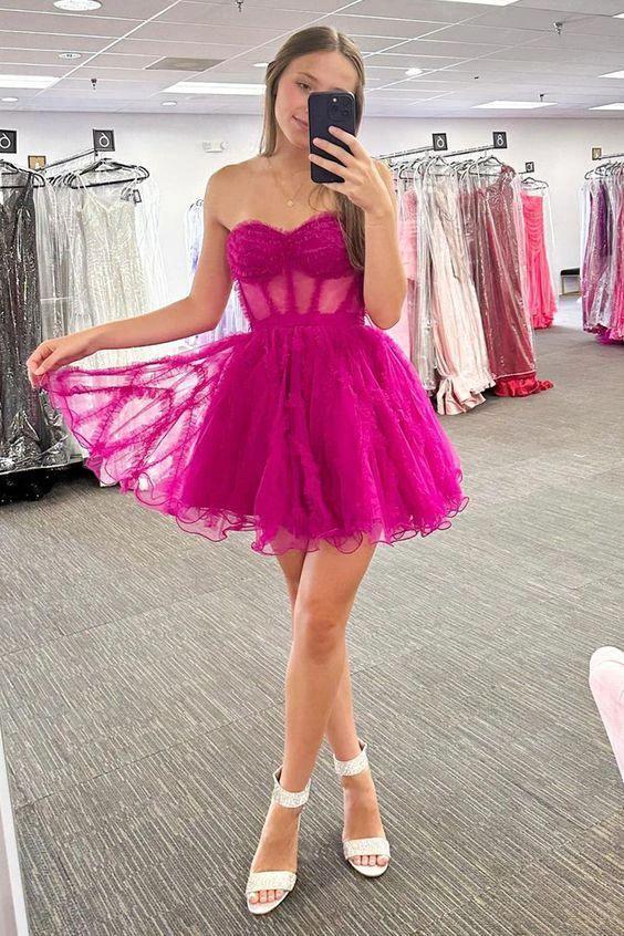 Trendy A-Line Fuchsia Tulle Corset Homecoming Dress Semi Formal Dresses Y2861 by simplepromdress