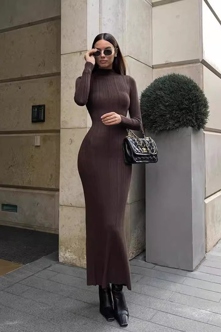 Turtleneck Striped Knit Slim-Fit Long Sleeve Sweater Dress - View 3 | VelvetHem