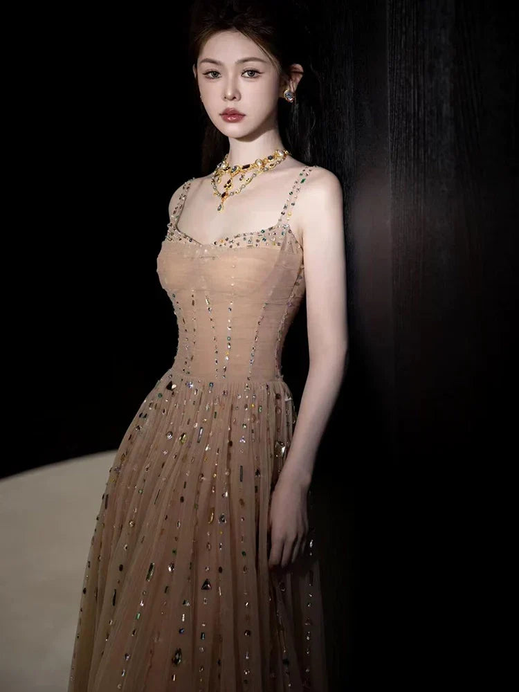 A Line Champagne Long Prom Dress Sexy Evening Dresses
