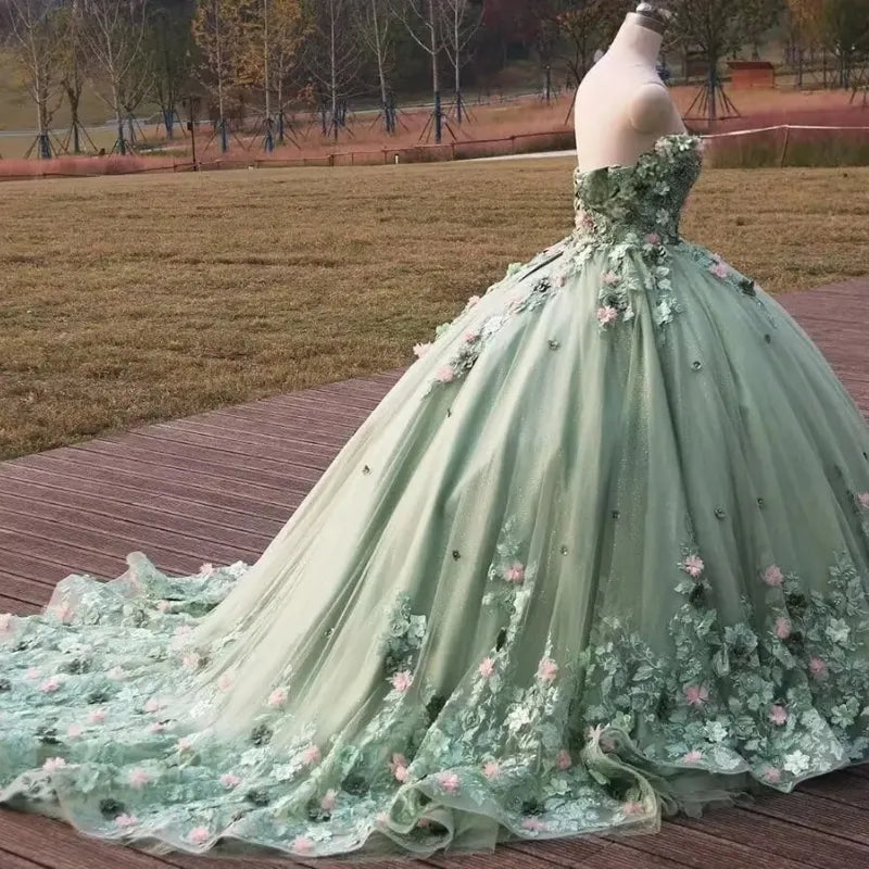 Sage Green Quinceanera Dress Off-Shoulder Applique Lace Beaded Tulle Ball Gown for Sweet 16 & 15 - View 3 | FashionDia