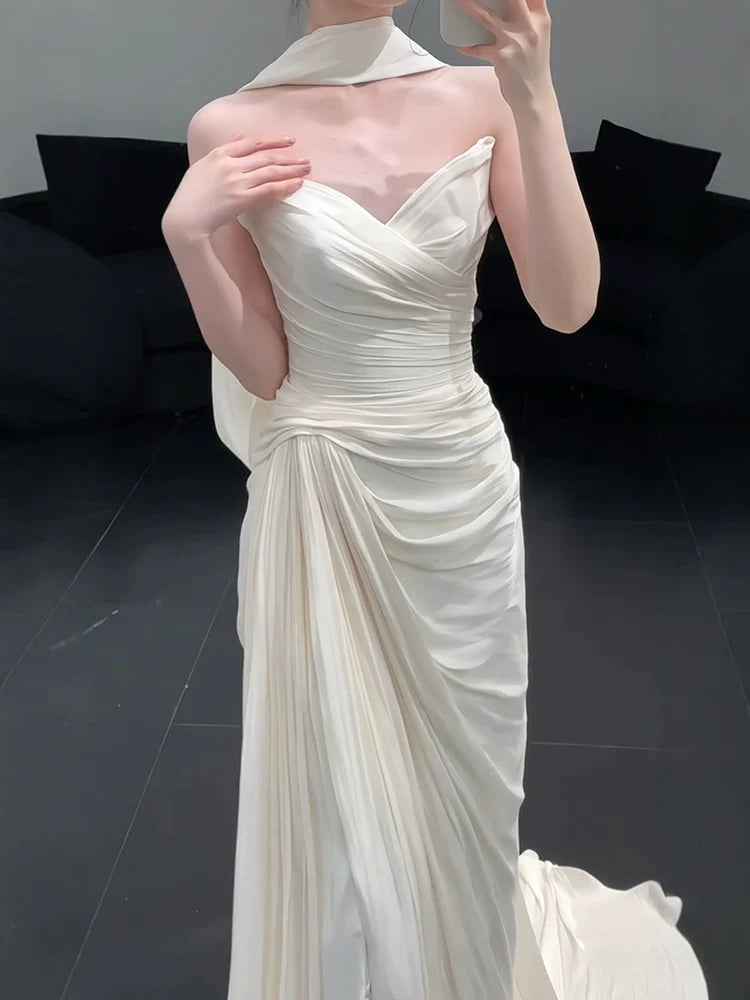 Strapless Pleat Long Wedding Dress Evening Party Dresses fg7706