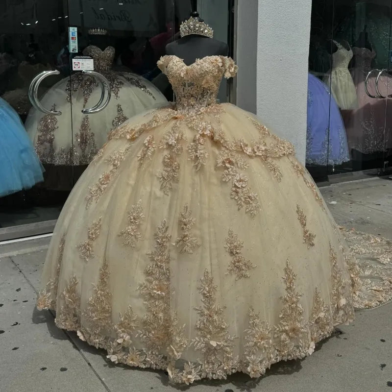 Champagne Off the Shoulder Ball Gown Applique Quinceanera Dress with Train - VelvetHem