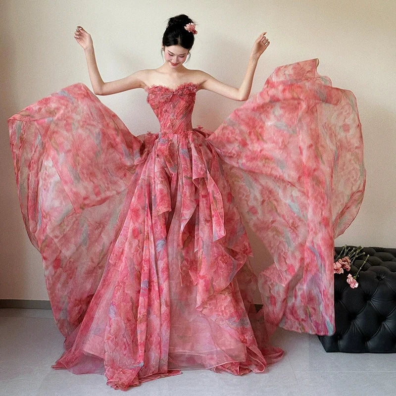 A Line Strapless Floral Print Long Prom Dress Sexy Evening Dresses