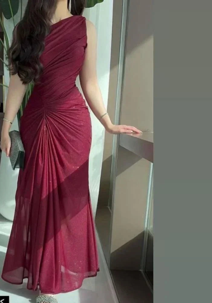 Burgundy Shiny One-Shoulder Long Party Dress Evening & Prom Dress - FashionDia