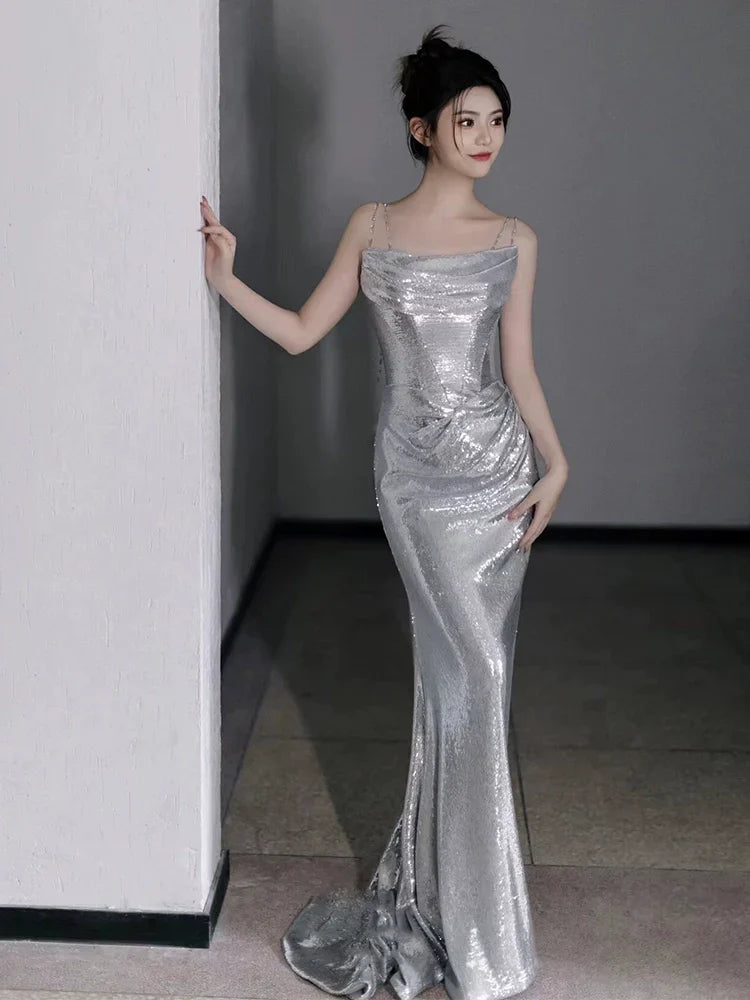 Silver Sequin Mermaid Long Prom Dress Sexy Evening Dresses