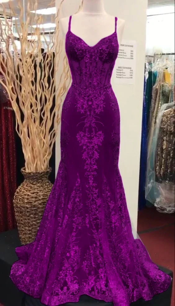 Charming V-Neck Lace Mermaid Prom Dress Long Evening Dress - View 5 | FashionDia