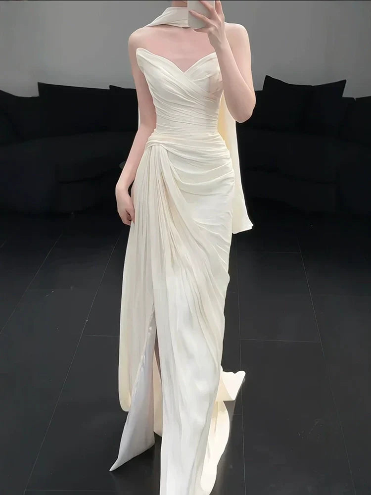 Strapless Pleat Long Wedding Dress Evening Party Dresses - View 2 | FashionDia