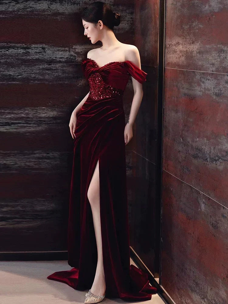 Burgundy Velvet Mermaid Long Prom Dress Off-the-Shoulder Evening Dresses With Slit - View 2 | FashionDia