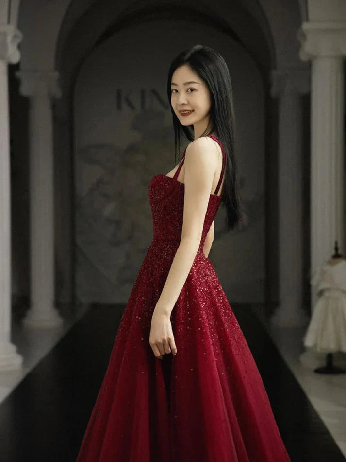 Burgundy Prom Dresses A line Straps Tulle Evening Dresses fg6734
