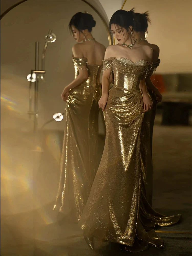 Mermaid Gold Long Prom Dress Sexy Off Shoulder Evening Dresses