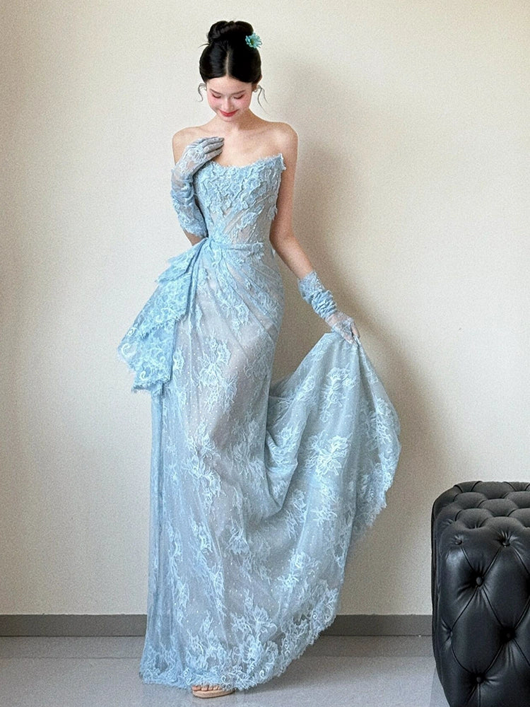 Blue Lace Mermaid Long Prom Dress Sexy Evening Dresses With Side Split - VelvetHem