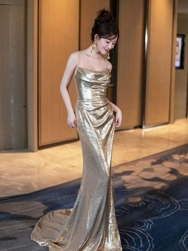Gold Sequin Mermaid Long Prom Dress Sexy Evening Dresses