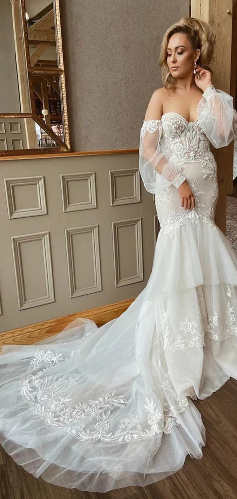 Charming Mermaid Lace Vintage Fashion Modest Wedding Dresses