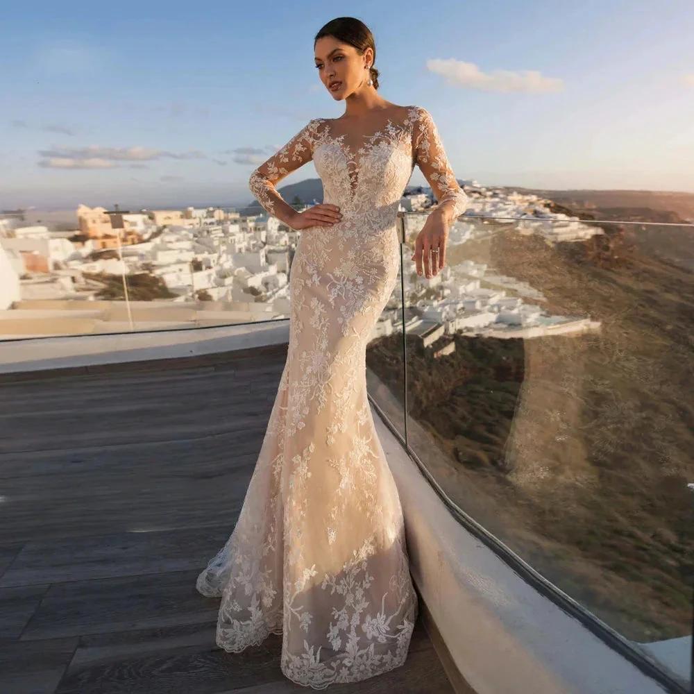 Gorgeous Long Sleeve Lace Mermaid Wedding Dresses Luxury Appliques Button Removable Train Horn Bridal Gowns Robe De Mariée (ZD14162)