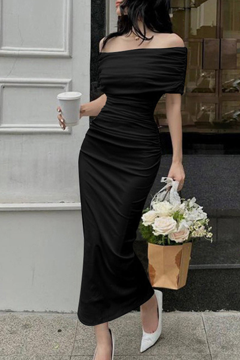 Celebrities Elegant Solid Fold Off the Shoulder Evening Dress Dresses - VelvetHem
