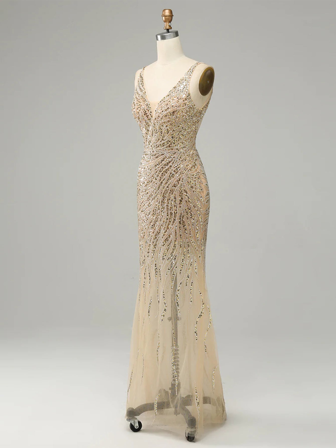 Golden Deep V Neck Stripes Backless Sleeveless Long Prom Dress - Fashionpara