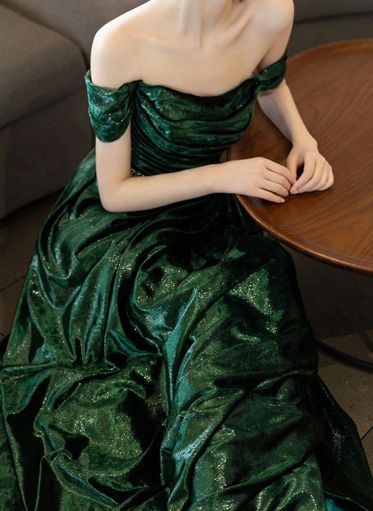 Beautiful Green Off-the-Shoulder Evening Dress, Green Long Prom Dress - FashionDia