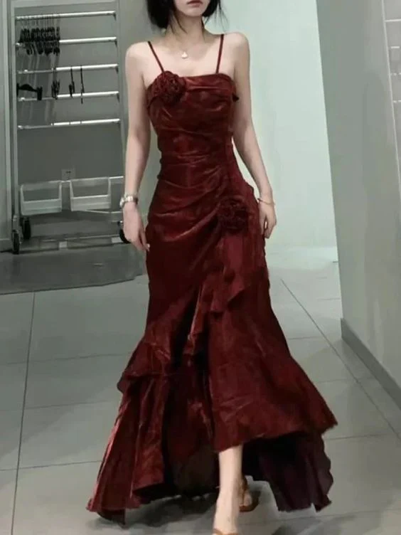 Elegant Mermaid Ruffles Spaghetti Straps Prom Dress With Flower,Formal Party Evening Dress - View 4 | FashionDia