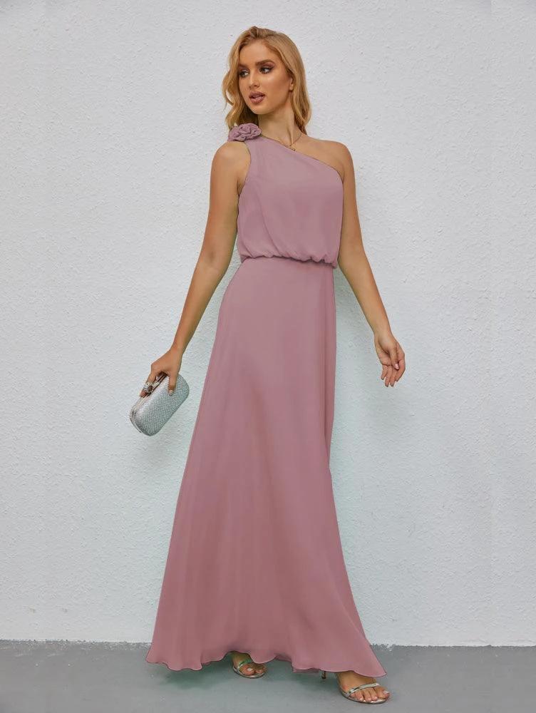 Ruffled One Shoulder Sleeveless Long Bridesmaid Dresses A-line Formal Evening Gown Side Split 28080 by numbersea