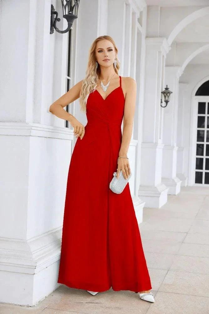 Ladies Chiffon Spaghetti Strap V Neck Front Slit Floor Length Bridesmaid Evening Dress Prom Party Wedding Evening Dress 28116 by numbersea