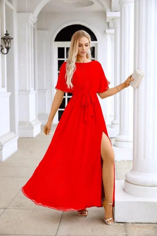 Ladies Chiffon Sleeve Crew Neck Front Slit Floor Length Bridesmaid Evening Dress Wedding Party Evening Dress 28124 by numbersea