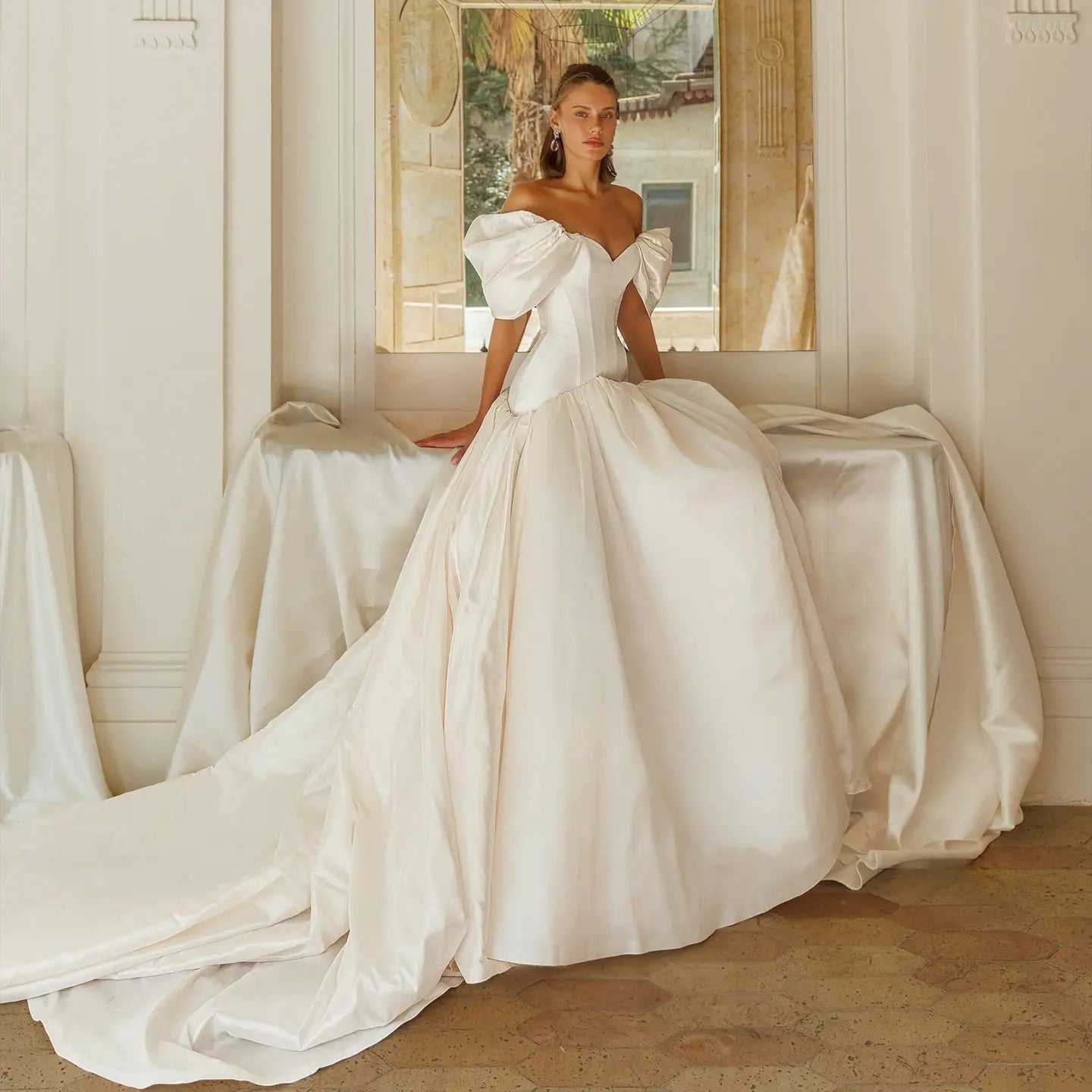 Romantic White Satin Off-the-Shoulder Puff Sleeve Ball Gown Wedding Dress ZP113 - View 2 | VelvetHem