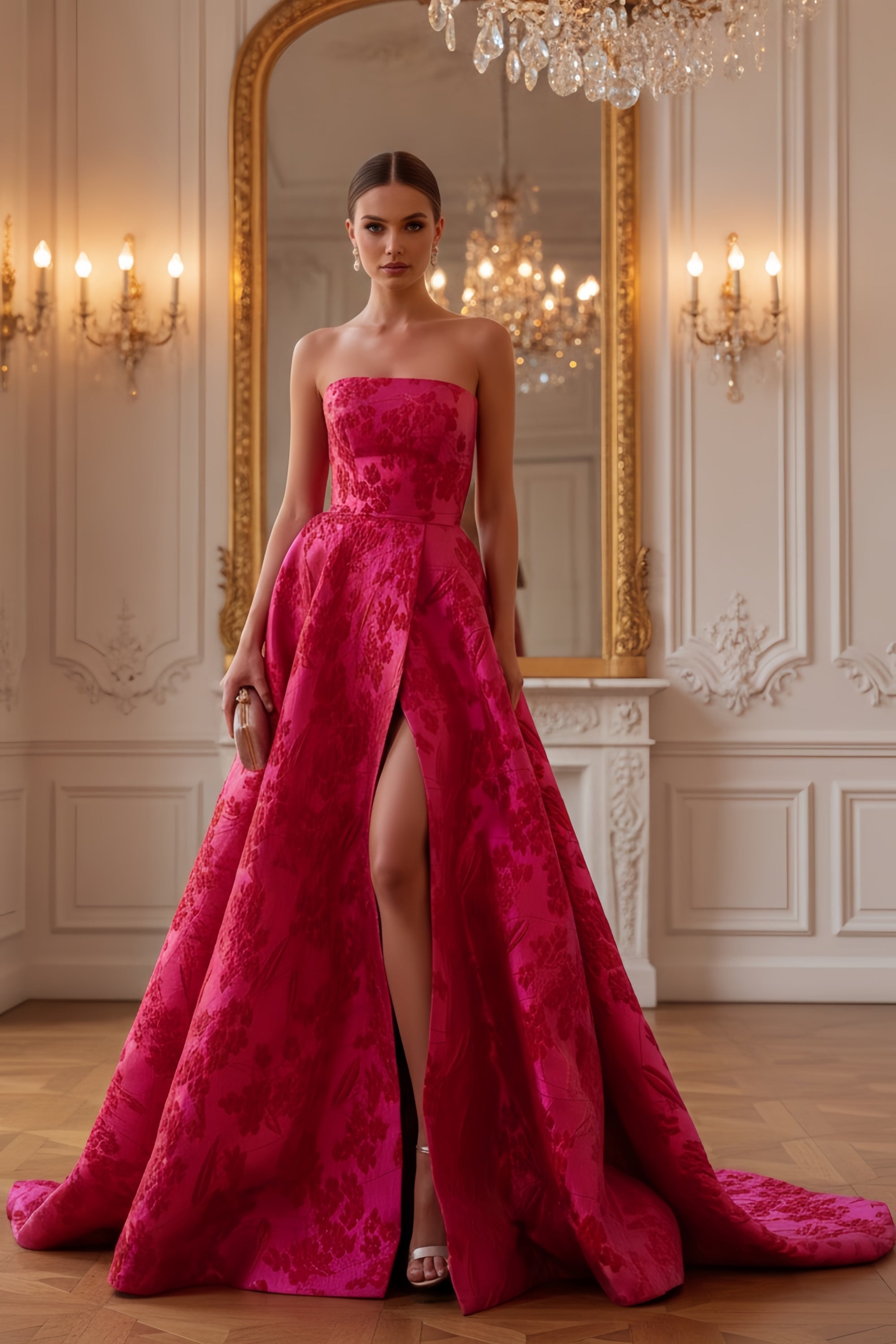Elegant Strapless Floral Jacquard Evening Gown with Front Slit