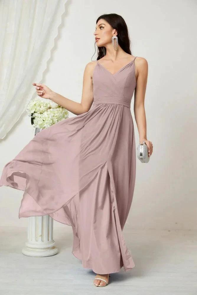 Numbersea Chiffon V-Neck Bridesmaid Dress Spaghetti Strap Long Formal Party Prom Gowns with Slit 28010 by numbersea