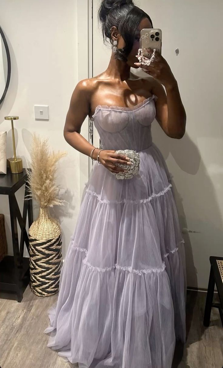 Elegant Purple A-line Tube Top Fishbone Mesh Long Prom Dress Evening Dress 20th Birthday Dress