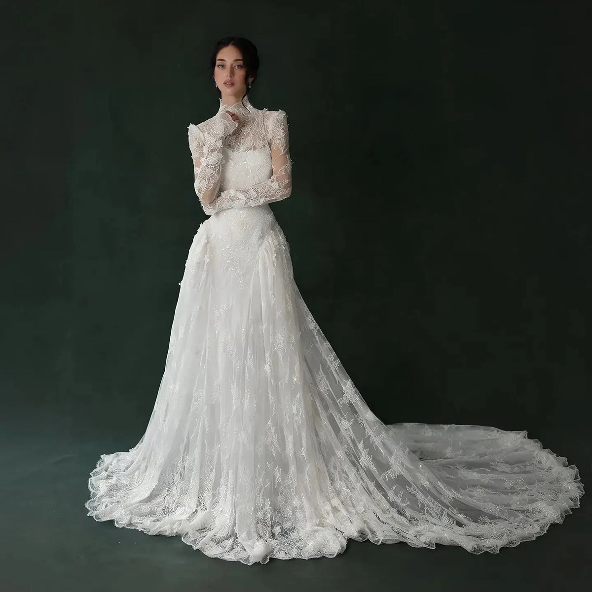 Classic Ivory Lace High Neck Long Sleeve A-Line Wedding Dress with Veil ZP107
