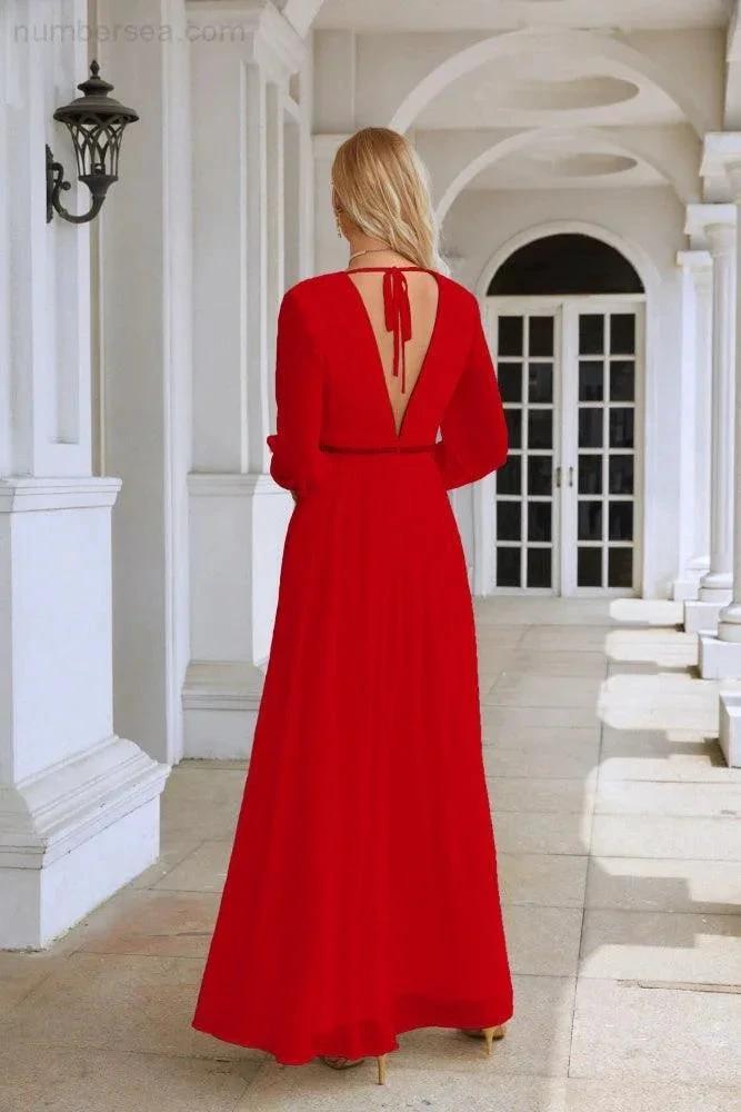 Ladies V Neck Chiffon Long Sleeve Front Slit Bridesmaid Evening Dress Wedding Party Shopping Evening Dress 28109 (ZD16991)