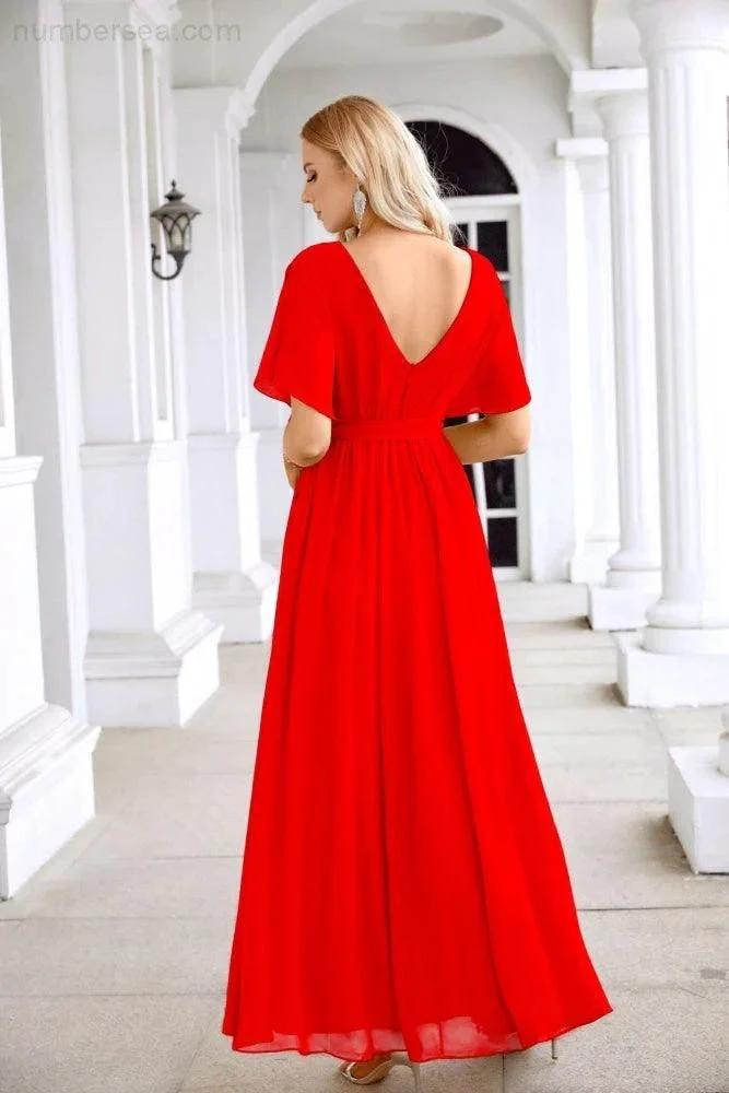 Ladies Chiffon Sleeve Crew Neck Front Slit Floor Length Bridesmaid Evening Dress Wedding Party Evening Dress 28124 (ZD17007)