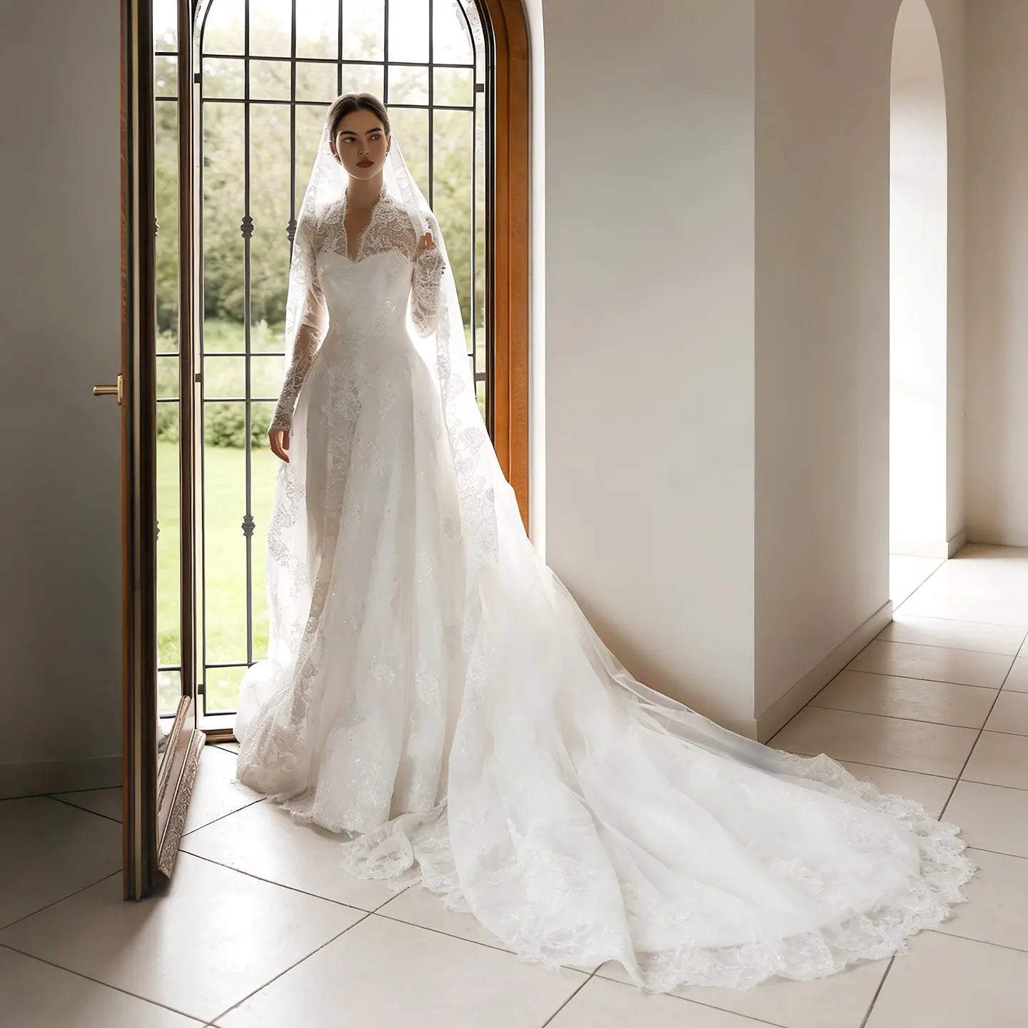 Timeless White Lace V-Neck Long Sleeve Wedding Dress with Cathedral Veil ZP104