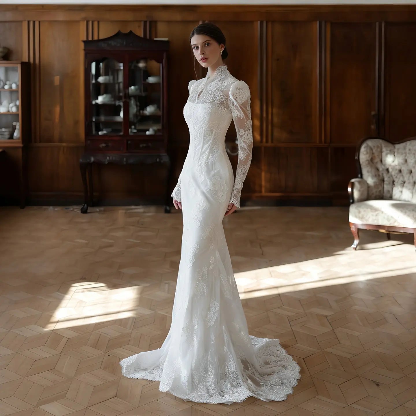 Elegant White Lace High Neck Long Sleeve A-Line Wedding Dress ZP103
