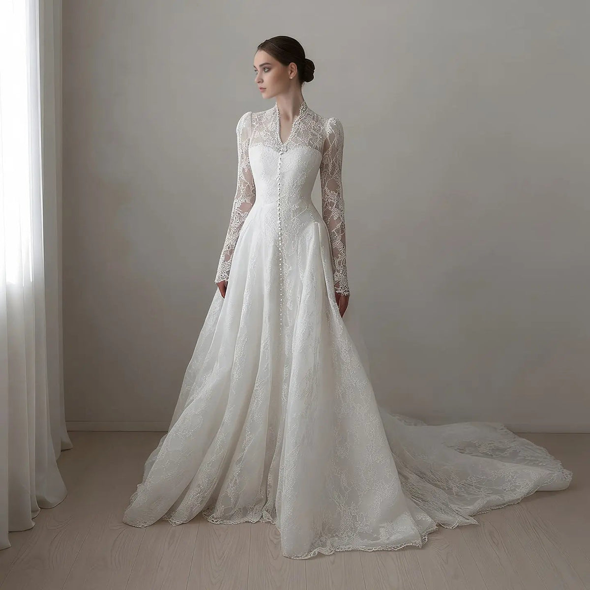 Vintag White Lace High Neck Long Sleeve A-Line Wedding Dress with Train ZP110