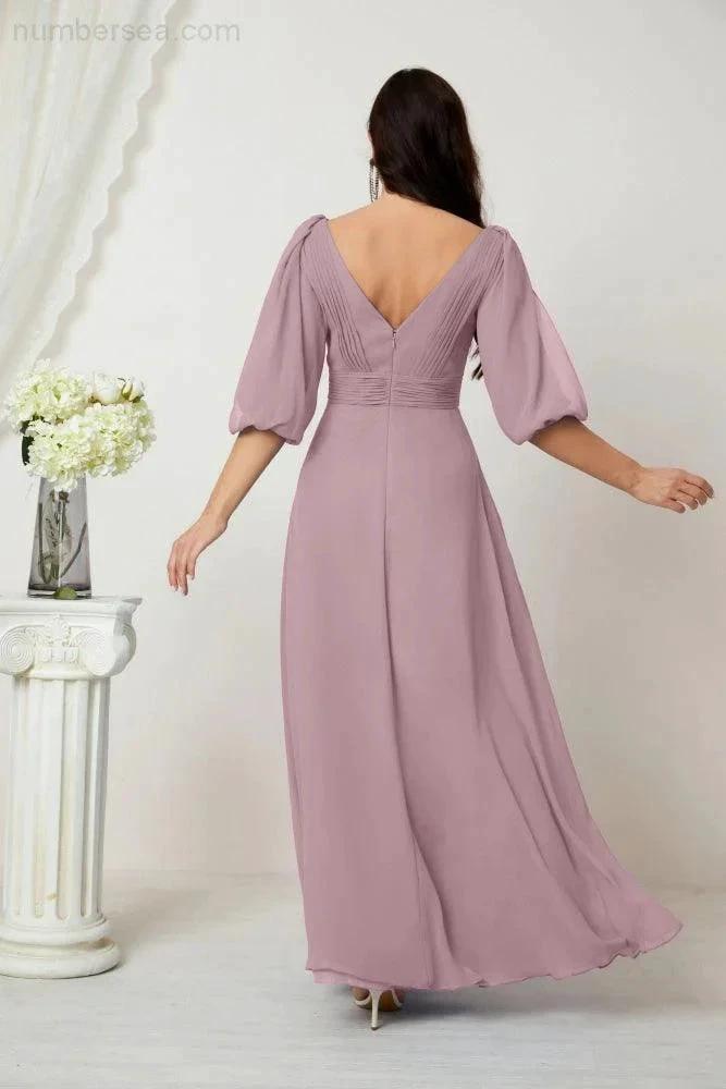 ZapDress Formal Prom Gown Women V-Neck Chiffon Bridesmaid Dresses Long Bishop Sleeve Party Dress 2807 (ZD17027)