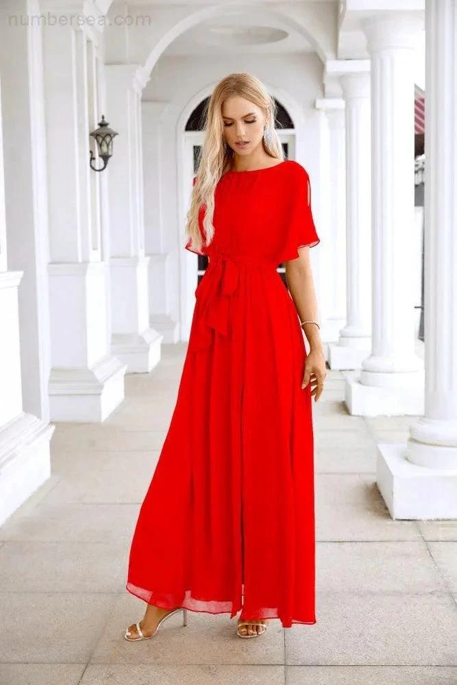 Ladies Chiffon Sleeve Crew Neck Front Slit Floor Length Bridesmaid Evening Dress Wedding Party Evening Dress 28124 (ZD17007)