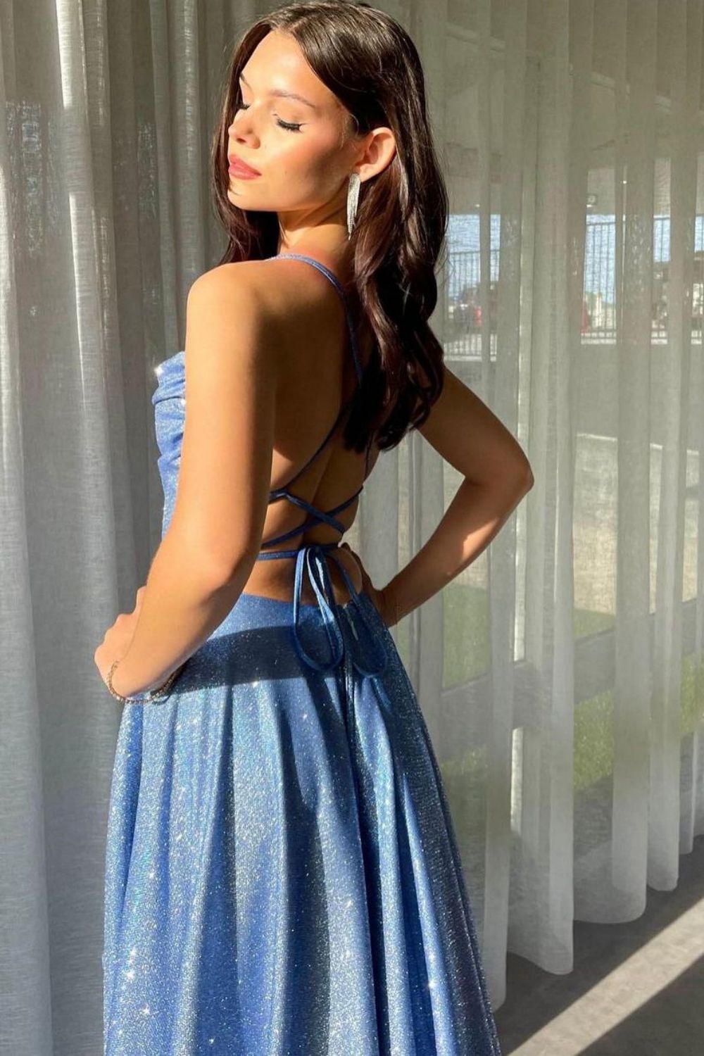 Simple A-Line Spaghetti Straps Pink Long Prom Dress with Split Front - View 5 | FashionDia