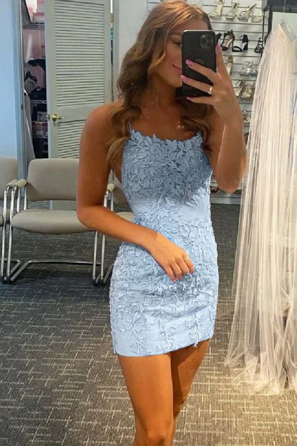 Sheath Spaghetti Straps Purple Short Homecoming Dress with Appliques