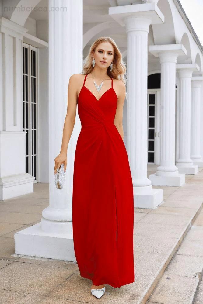 Ladies Chiffon Spaghetti Strap V Neck Front Slit Floor Length Bridesmaid Evening Dress Prom Party Wedding Evening Dress 28116 (ZD17012)