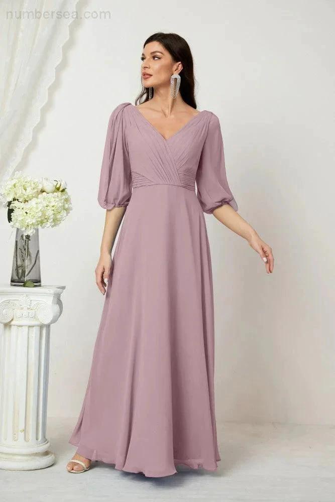 ZapDress Formal Prom Gown Women V-Neck Chiffon Bridesmaid Dresses Long Bishop Sleeve Party Dress 2807 (ZD17027)