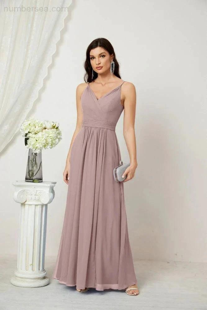 ZapDress Chiffon V-Neck Bridesmaid Dress Spaghetti Strap Long Formal Party Prom Gowns with Slit 28010 (ZD17028)