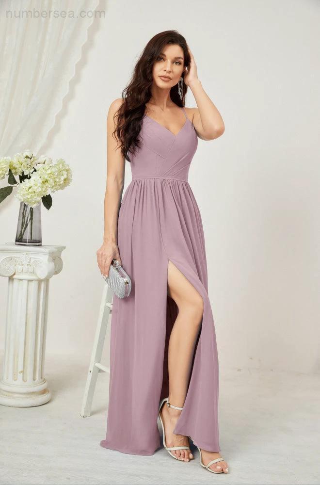 ZapDress Neck Bridesmaid Dresses Chiffon Long Spaghetti A-line Formal Prom Gown for Wedding Party Evening 2801 (ZD16961)