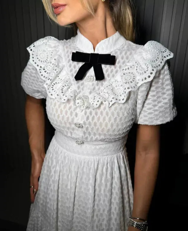 Fashion White Lace Prom Dress A-Line Puff Sleeves Black Bow Belt Ruched Knee Length Evening Dress vestido de gala