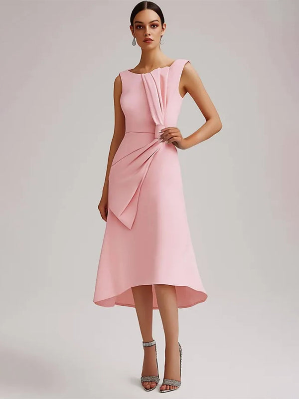 Wedding Guest Pink Dress Round Neck Sleeveless Bow Midi Dress - VelvetHem