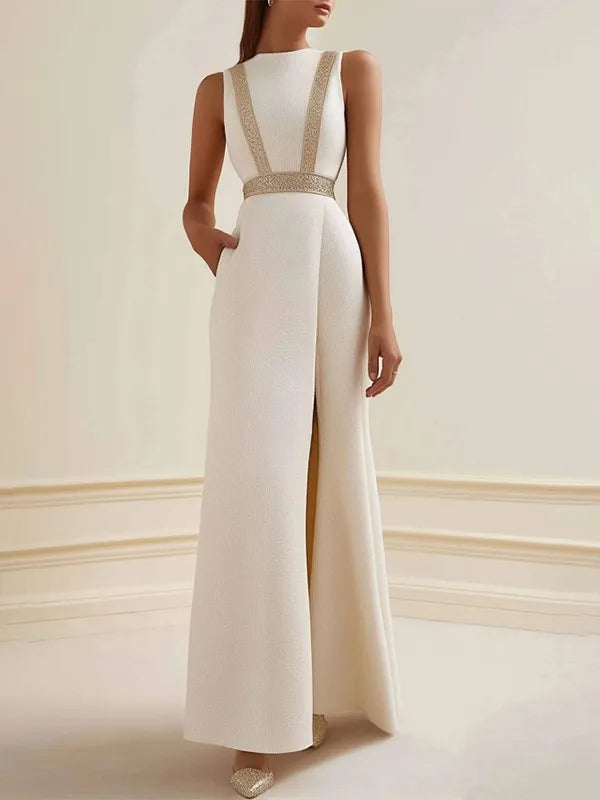 Semi-Formal Party Dress Beige Sleeveless Pocketed Side Slit Maxi Dress - FashionDia