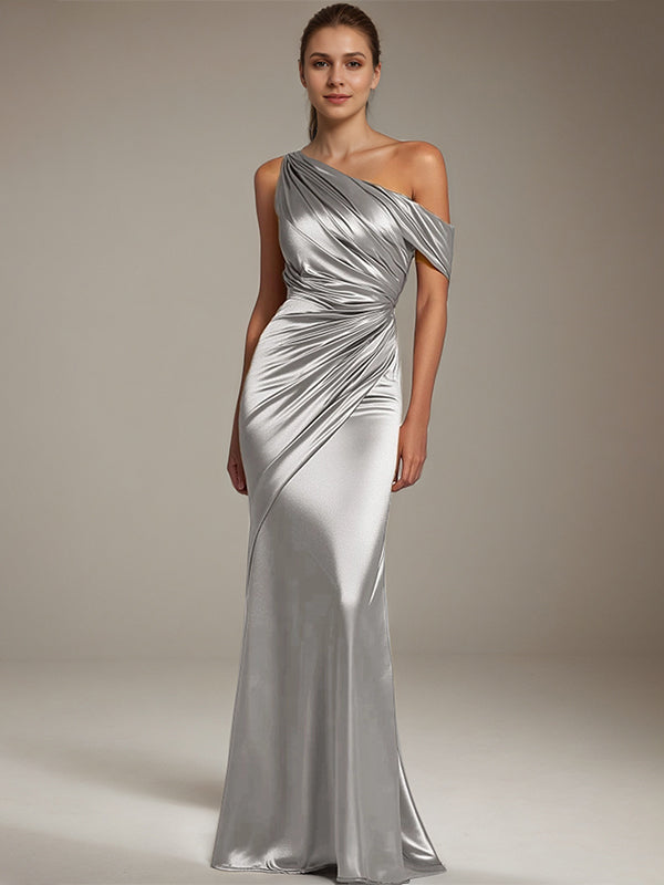 Formal Party Satin Dress Silver One-Shoulder Pleated Floor-Length Dress
